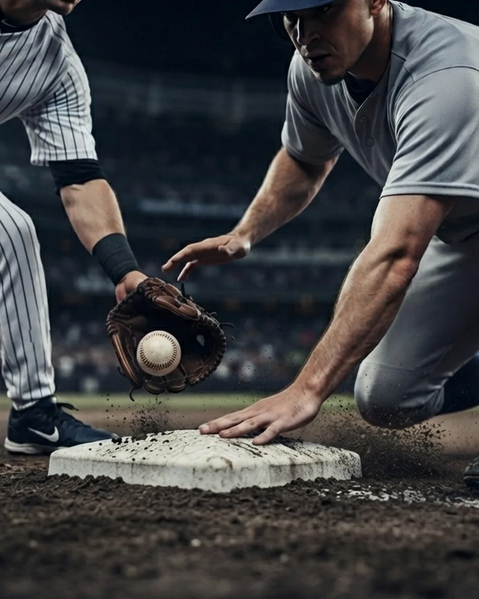 Jugador de béisbol atrapando la pelota en la base